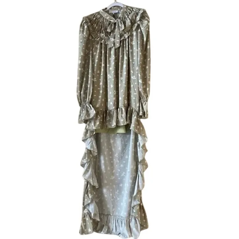 NWT WeWoreWhat High Low Polka Dot Floral Drape Ruffled Long Sleeve Dress S Sage - Image 12