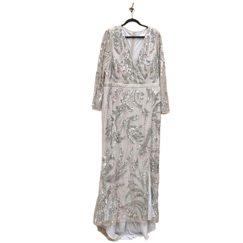 Mac Duggal 20263 Womens Silver SEQUINED FAUX WRAP SPLIT LONG SLEEVE GOWN Dress - Image 5