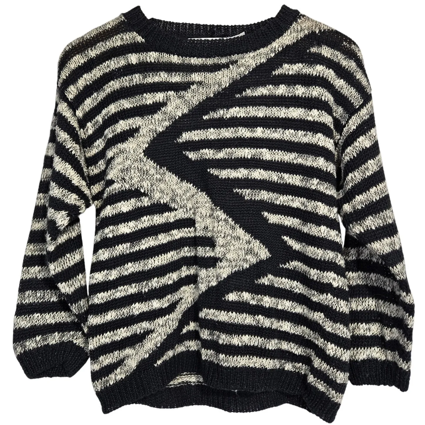 Vintage 80s Knitsworks Black White Zig Zag Stripe Geometric Knit Sweater Medium - Image 1
