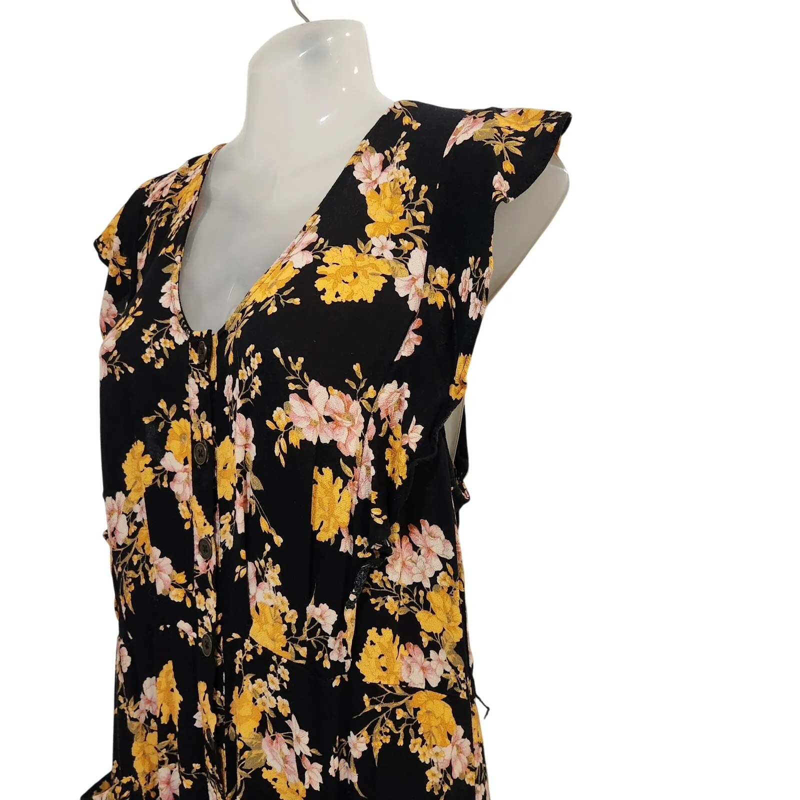 Xhilaration Flutter Sleeve Floral Jumpsuit V-Neck Black Yellow Size Large - Image 7