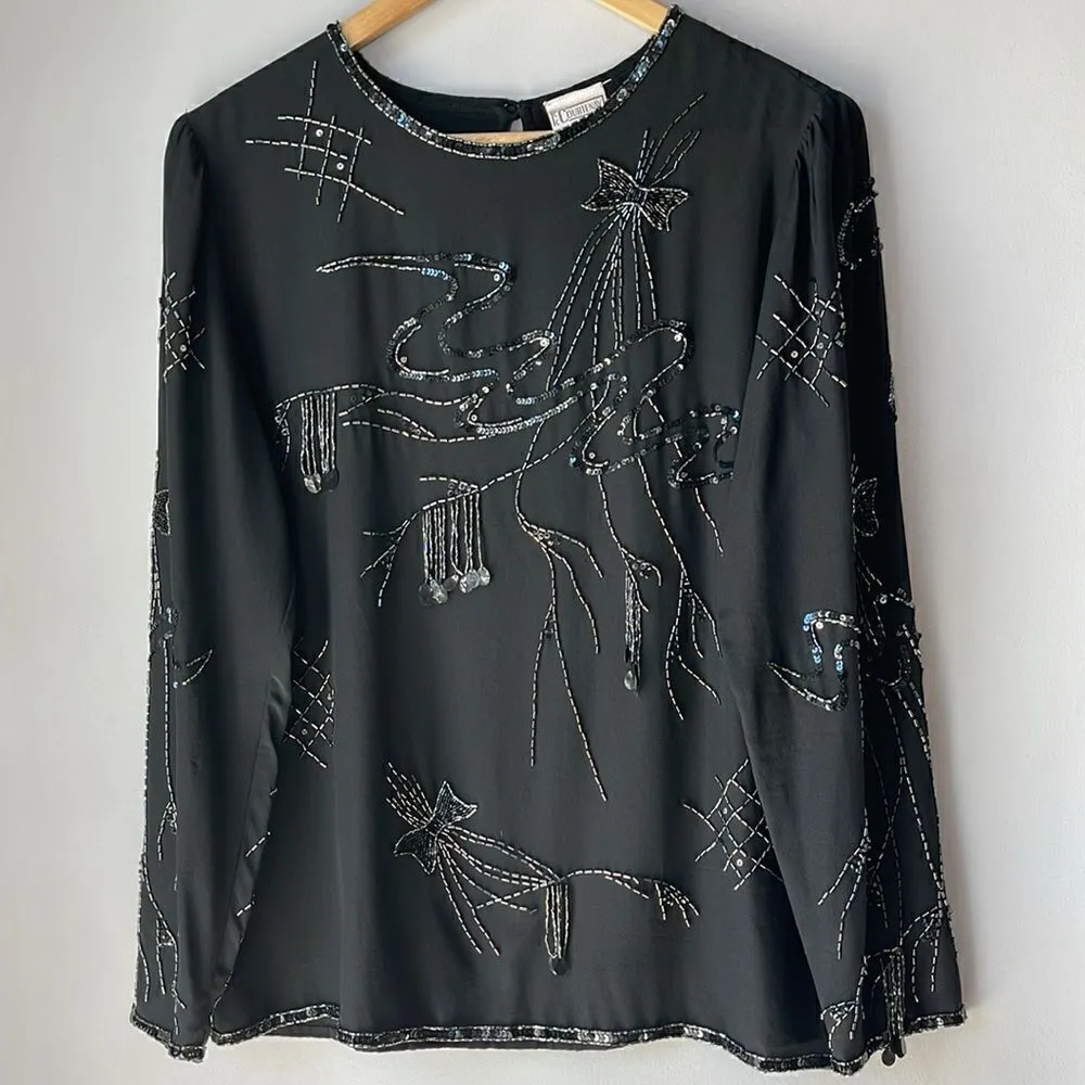 Vintage Silk CC Courtenay Blouse Sequin Beaded Blouse Black Medium Black - Image 3