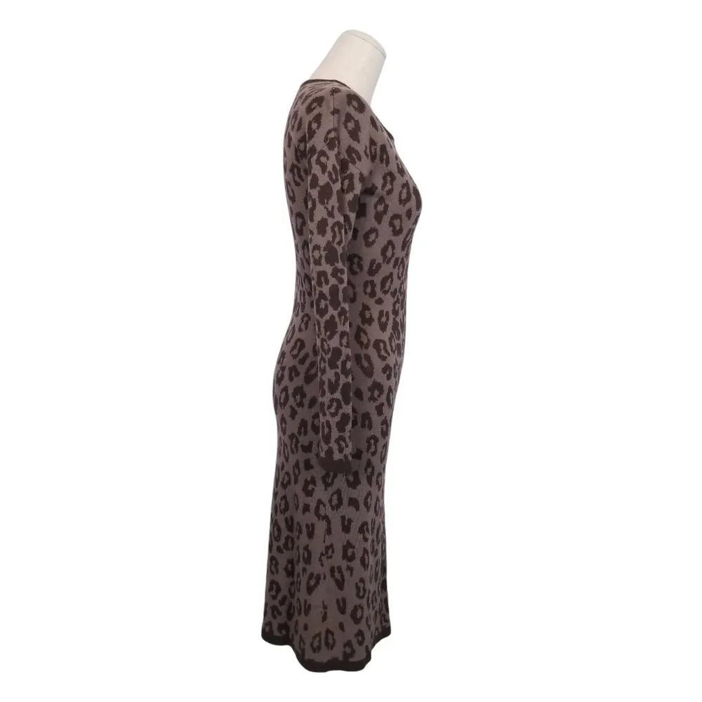 Garnet Hill Merino Wool Sweater Dress Brown Leopard Print Sz - Image 5