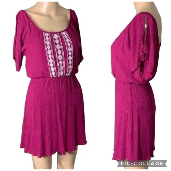 Maurices Womens Mini Dress Linen Flutter Cold Shoulder Sleeve Embroidered Pink - Image 2