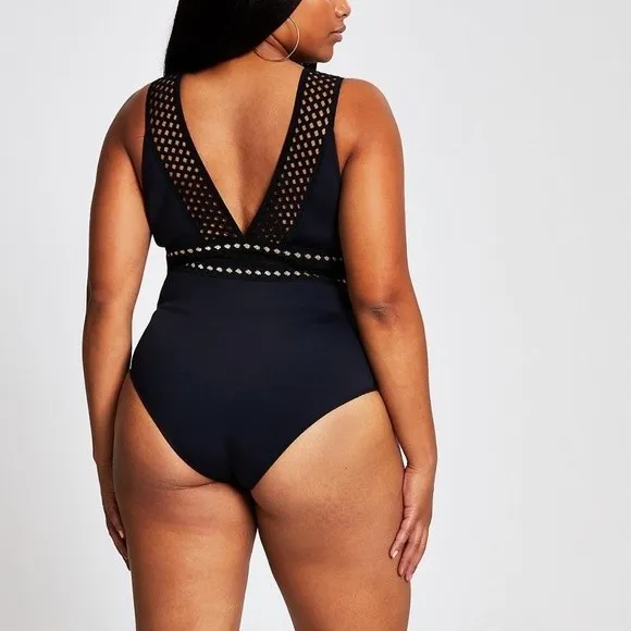 NWT River Island Black Gold Embroidered Plunge One Piece Swimsuit Size 20 NEW - Image 3