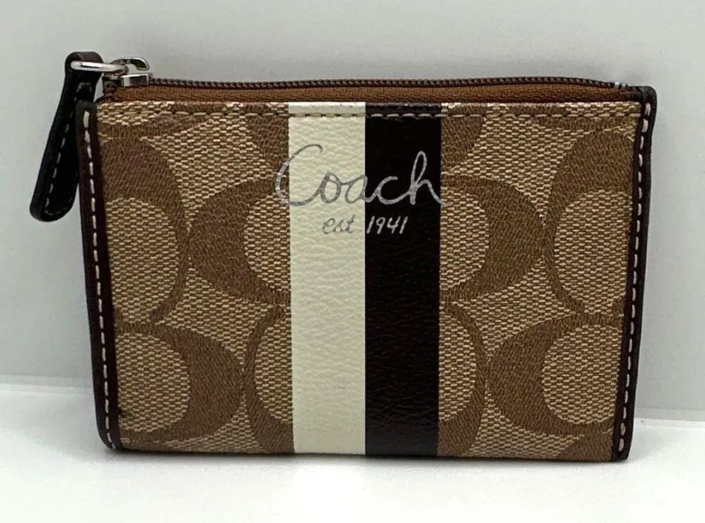 COACH Brown and Cream Coated Canvas Coin Purse / Cardholder with Keychain - Image 6