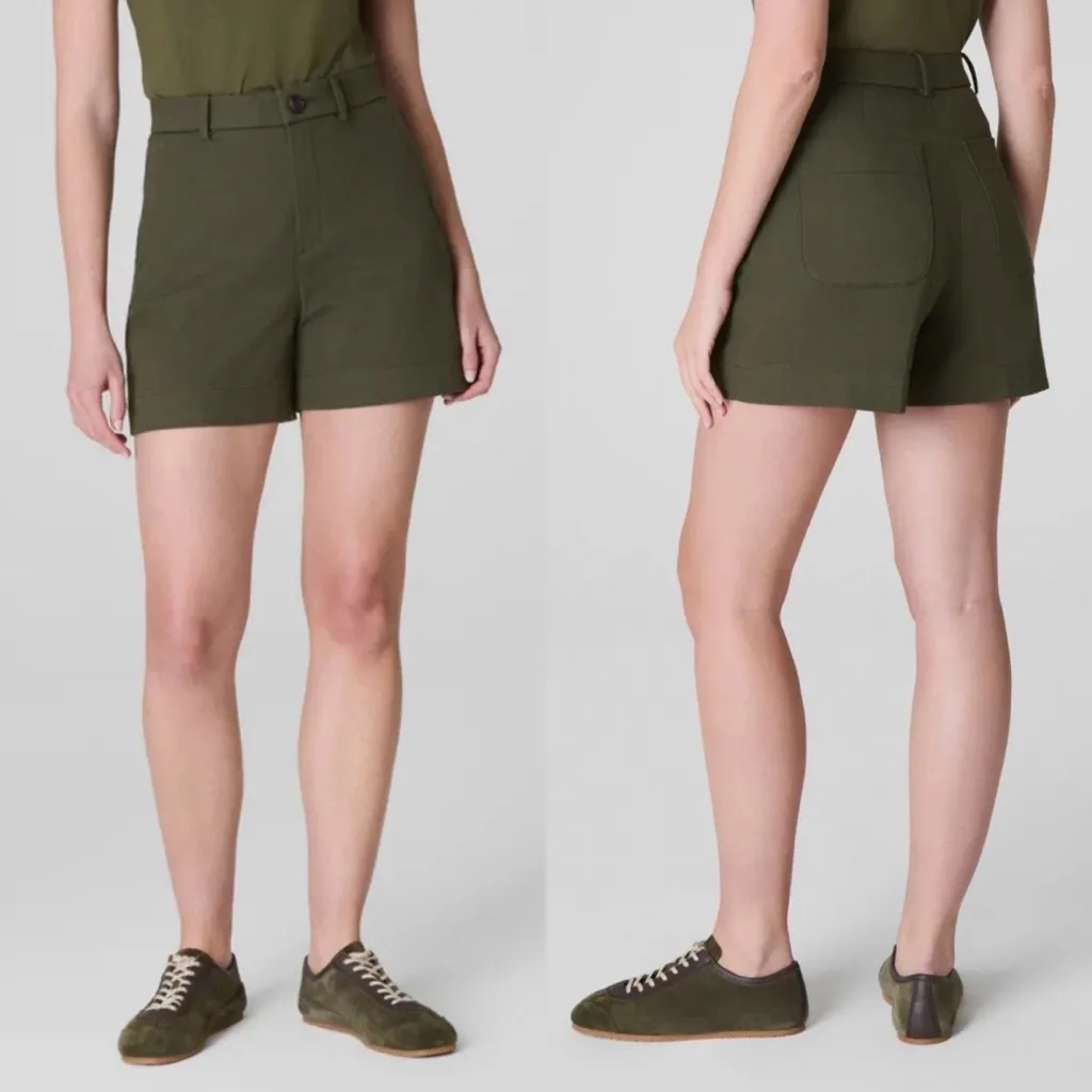 New! Spanx Shorts Sz L Green Dark Pine Twill 5" High Rise Chino Stretch Smooth - Image 2