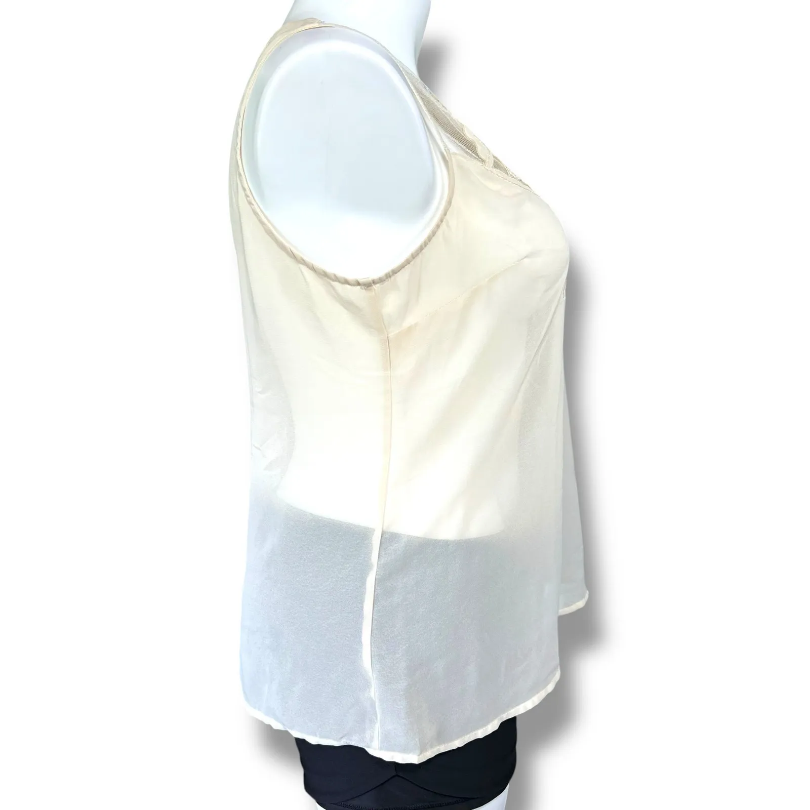 Kenar Womens Sheer Blouse Tank Top Embroidered Floral Design Button Down Beige - Image 3