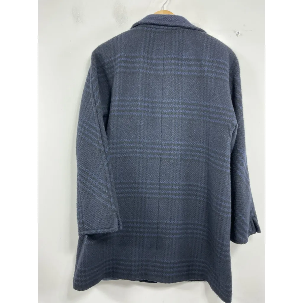 Womans Ellen Tracy Midi Length Overcoat Size 12 Blue Plaid Lined Button Up - Image 2