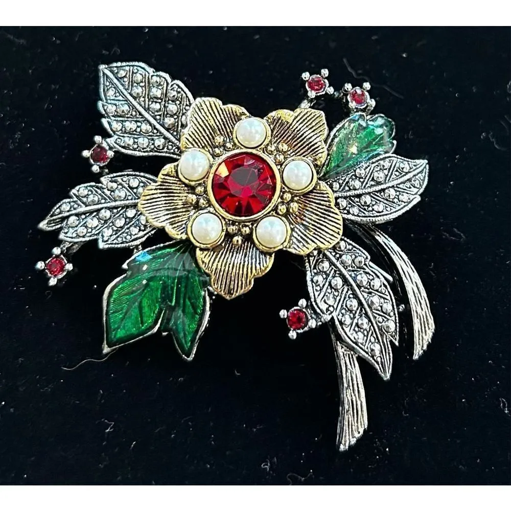 Vintage Avon Gold & Silver Tone Brooch RICH CHRISTMAS COLLECTION w/ Faux Pearls Red - Image 2