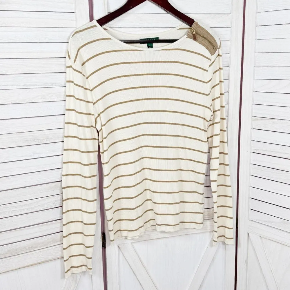 Lauren Ralph Lauren Striped Elbow Patch Ribbed‎ Knit T Shirt Cream Tan Large - Image 7