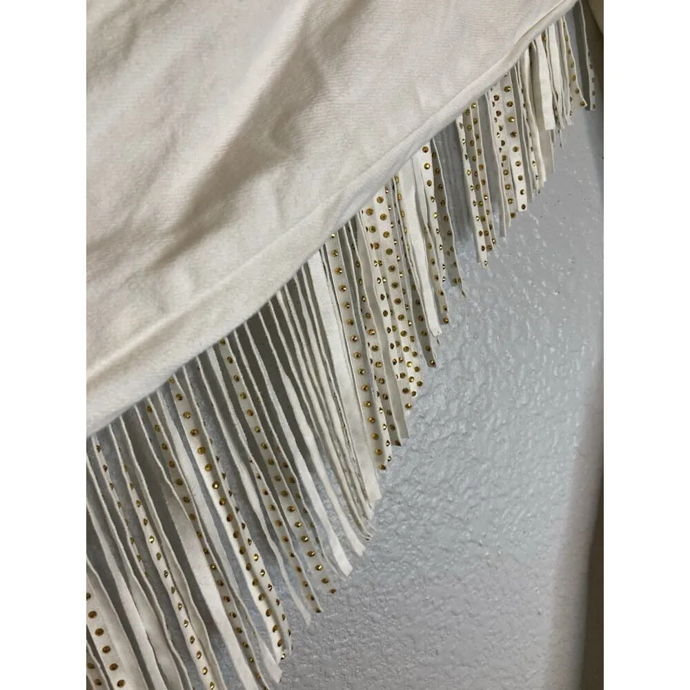 Main Strip Gold Studded Fringe Cowgirl Denim Short Romper Size M Off White Boho - Image 3