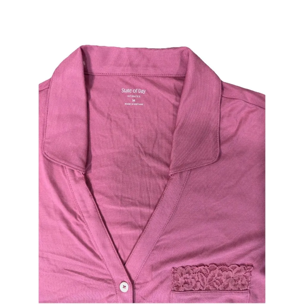 State of Day Macy’s Pink Lace Trim Collared Pajama Set 2PC Button Top Pants M Size M - Image 5