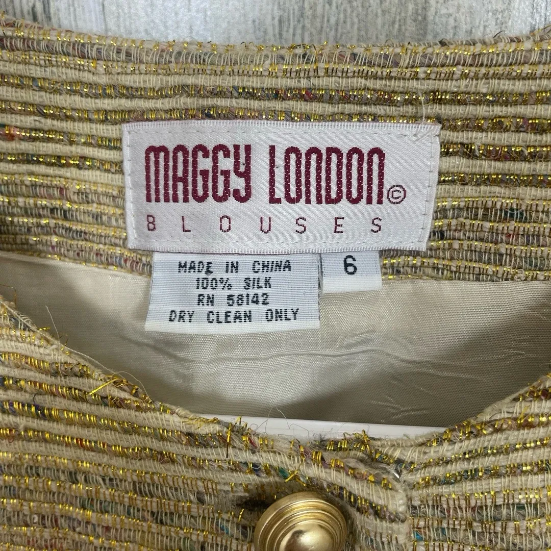 MAGGY LONDON Vintage Gold Striped Textured Metallic Blazer size 6 Holiday Party - Image 2