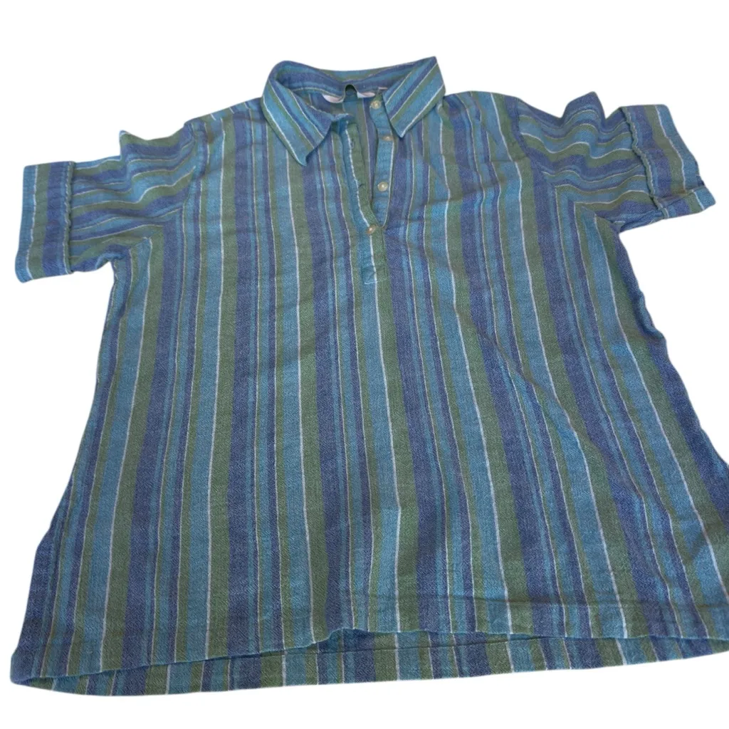 Orvis Women’s 100% Cotton Stripe Polo Shirt Blue Green Short Sleeve Large EUC - Image 4