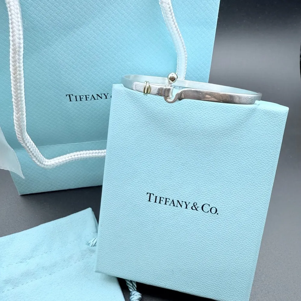 Authentic Tiffany & Co. 925 Silver & 18K Gold Hook Eye Bangle Bracelet Vintage - Image 3