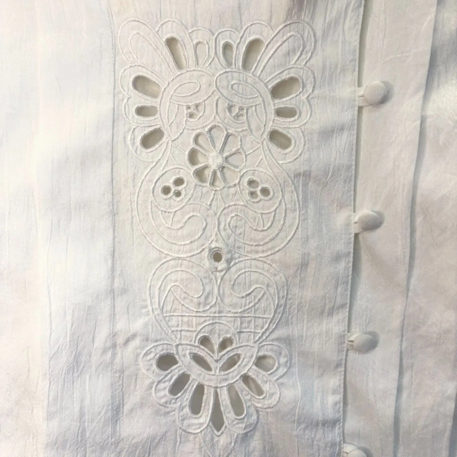 90s Vintage Lace Cutout Pintuck Blouse w/Asymmetrical Buttons size 14 - Image 7