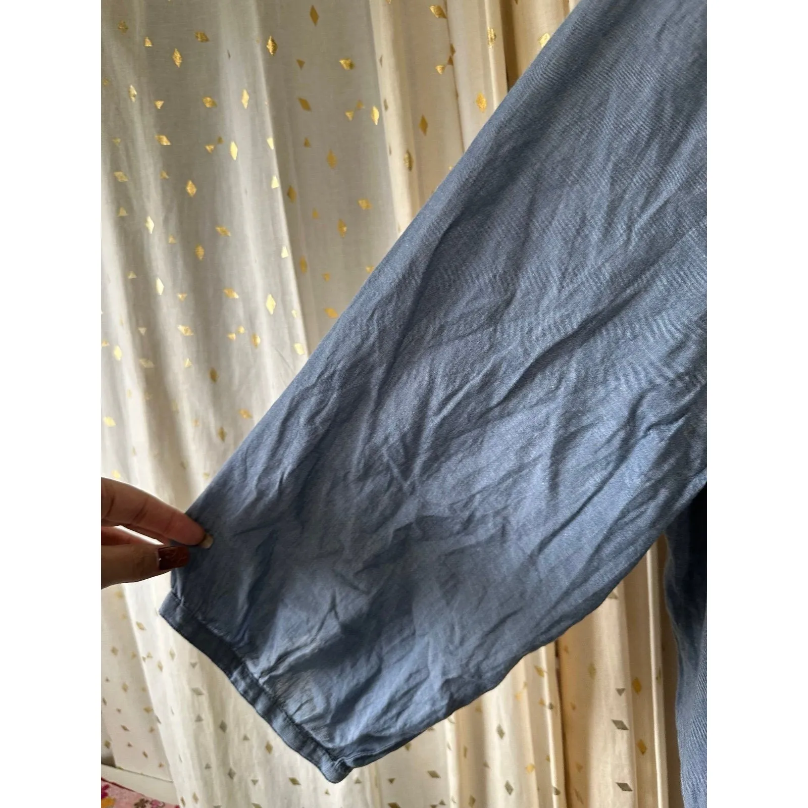 Intro 100% Cotton Semi Sheer Lace Trim Piping 3/4 Puff Sleeves Peasant Blouse 1X Blue - Image 3