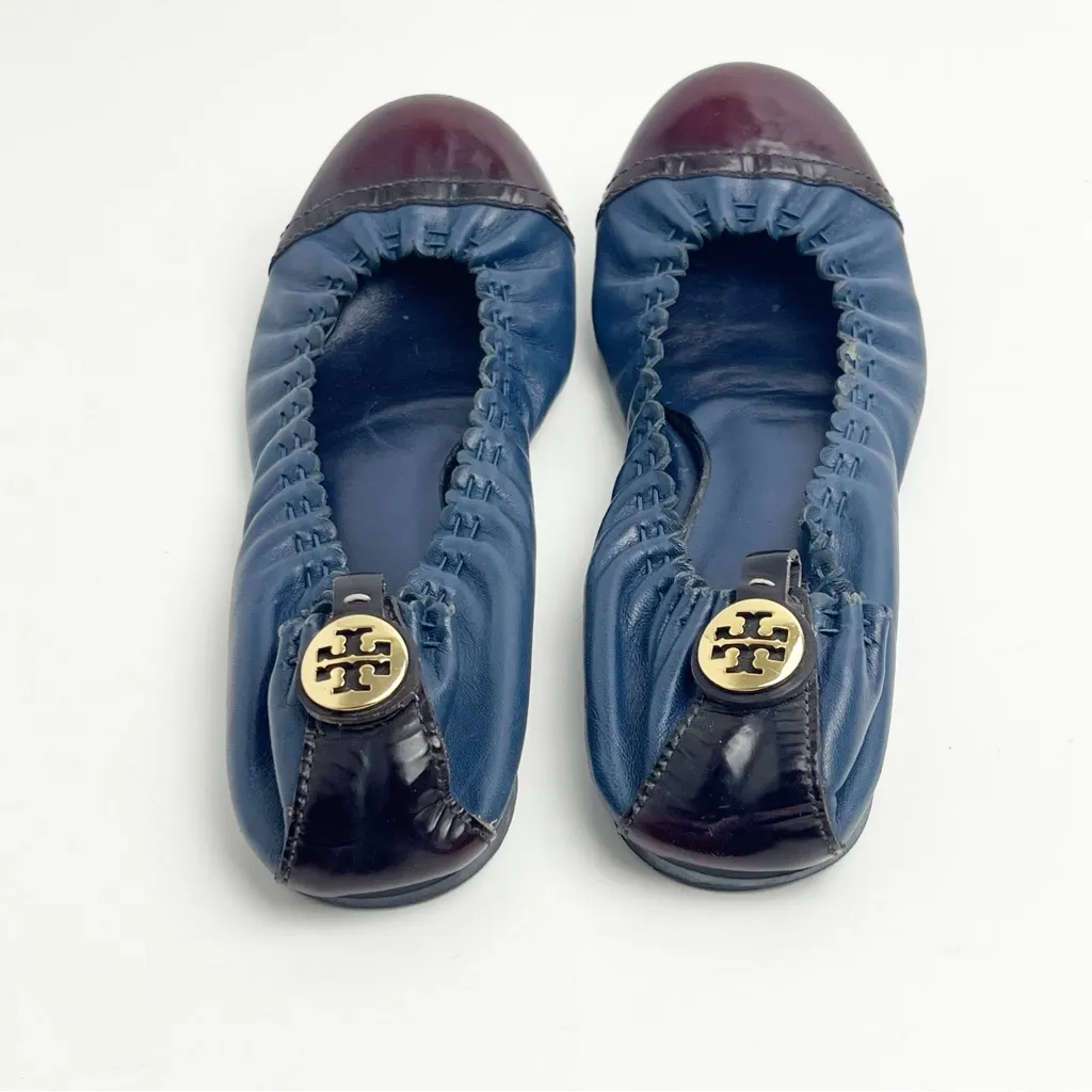 TORY BURCH Abbey Navy Blue Leather Burgundy Cap Toe Ballet Flats, Size 8.5 - Image 8