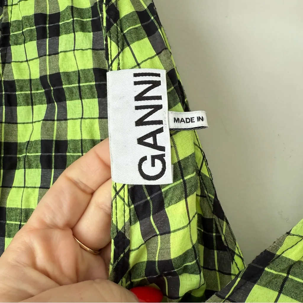 Ganni Green Seersucker Black Plaid Puff Sleeve Mini Dress 38 / US 6 / US M - Image 8