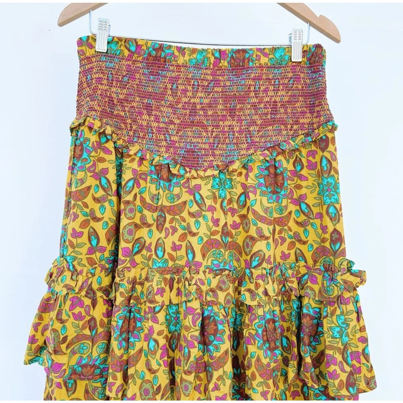 House Of Harlow 1960 Set Maxi Skirt‎ Smocked Tiered Ruffles Yellow Tropical Size M - Image 7