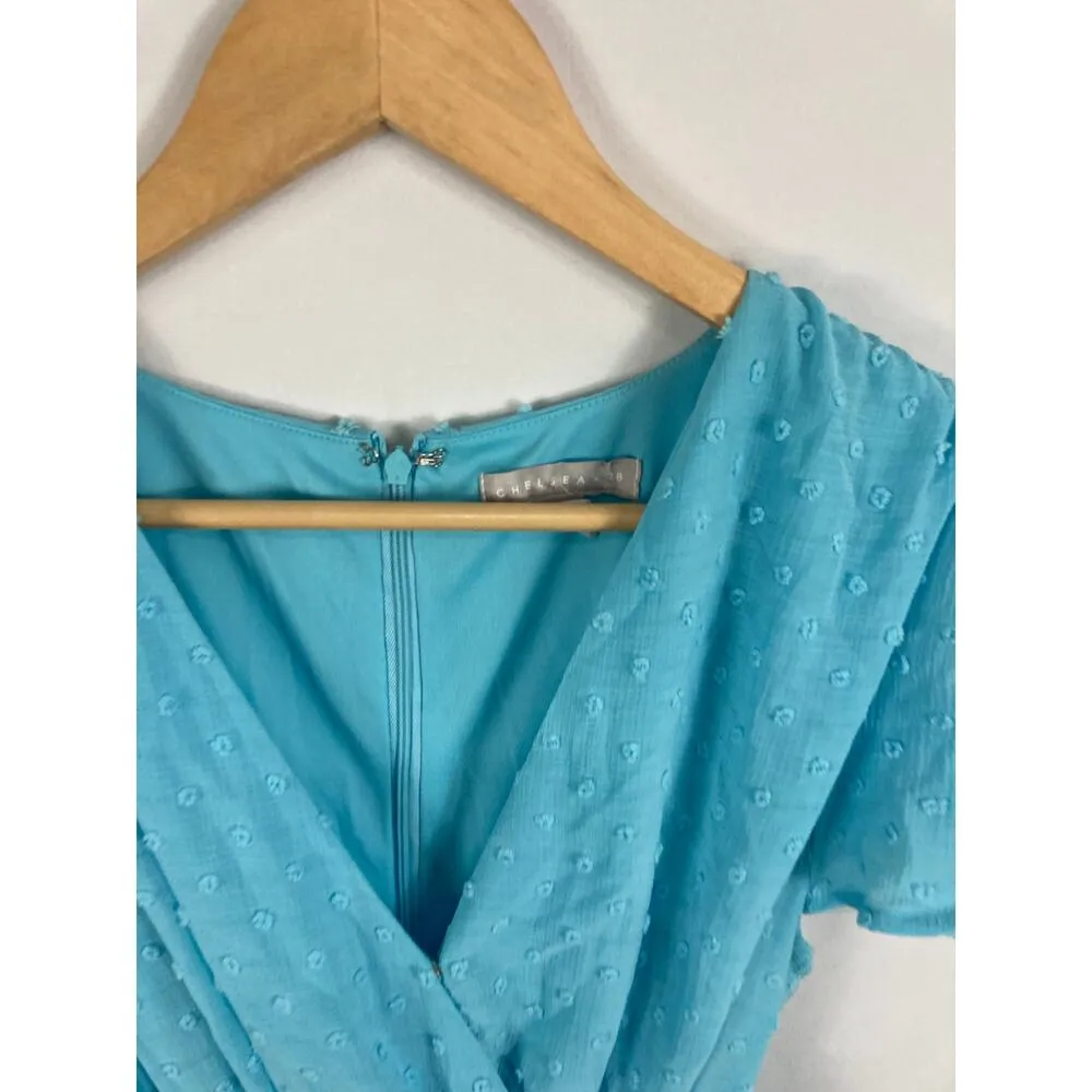 NWOT Chelsea28 Flutter Sleeve Faux Wrap Mini Dress in Blue Cabana Small - Image 4