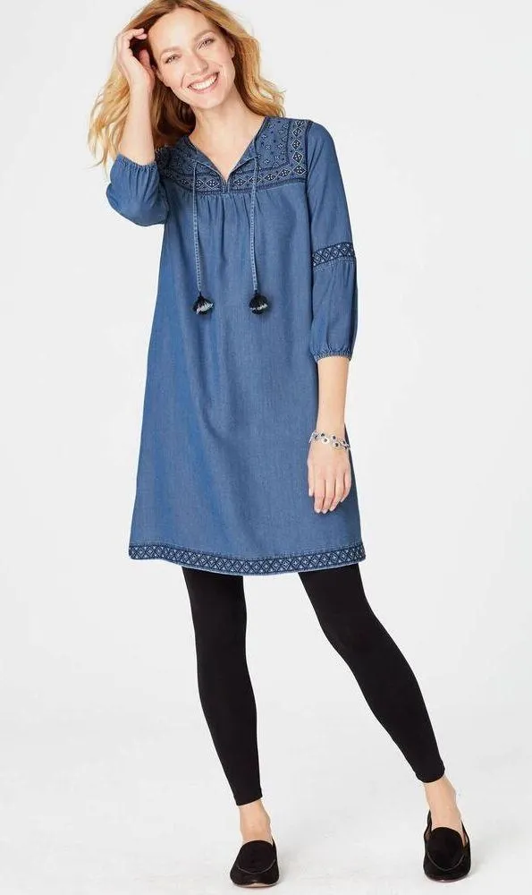 J Jill Denim Embroidered Chambray Boho Dress Tassel Tencel Small - Image 2