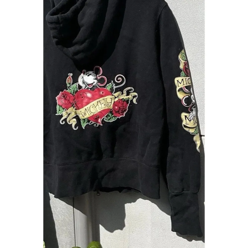 Disney Parks Mickey Mouse Hoodie Rose Tattoo Women’s Sz L Black Zip Up Jacket - Image 9
