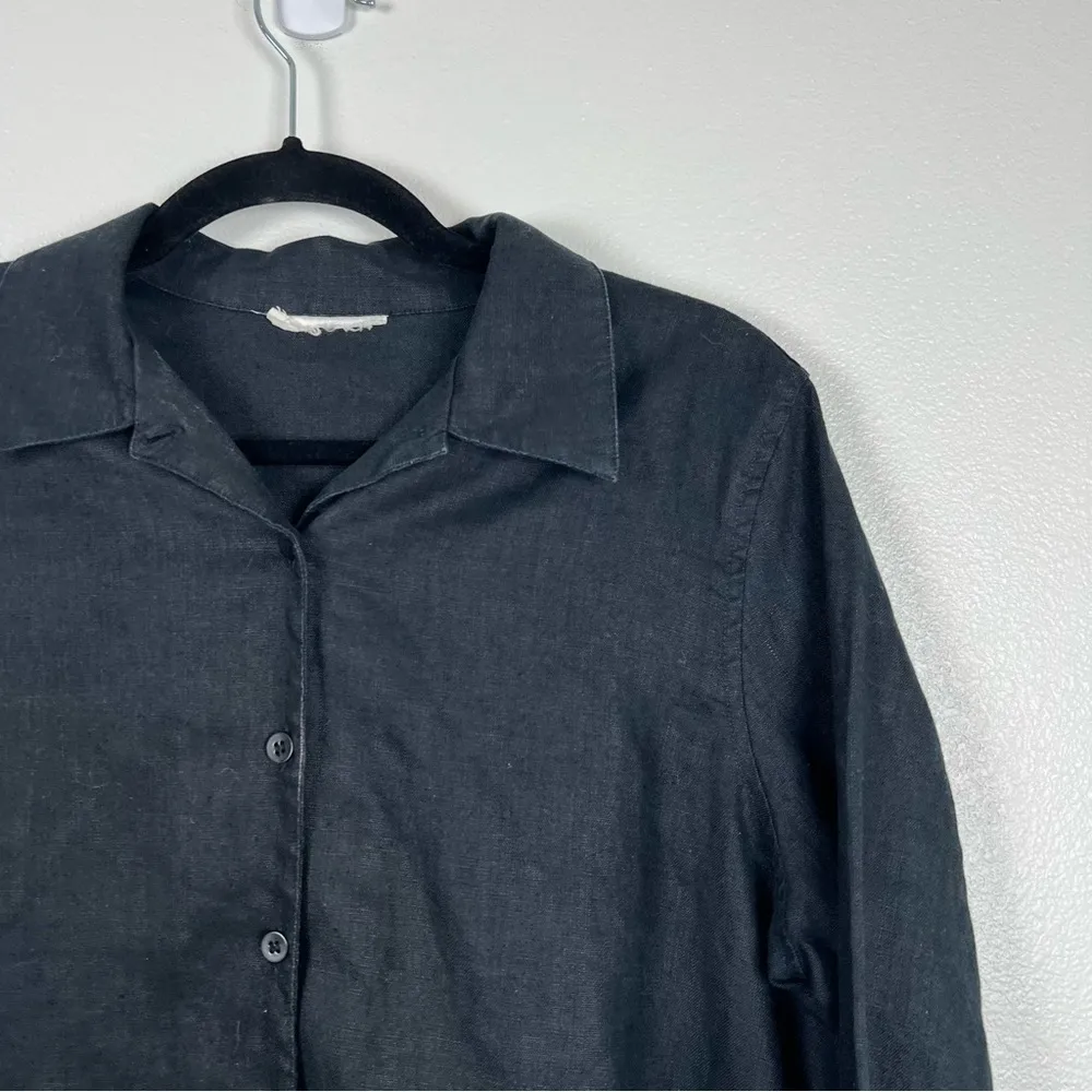 Kasper  Linen Button Front 3/4 Sleeve Blouse‎ Black - Image 3