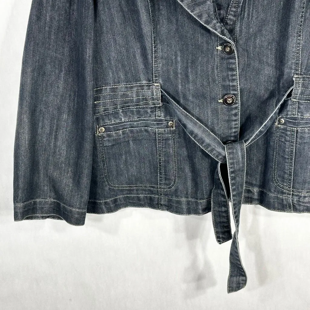 Baccini Plus Size 2X Denim Jacket Dark Blue Jean Belted Button Up‎ Pockets 747 - Image 5
