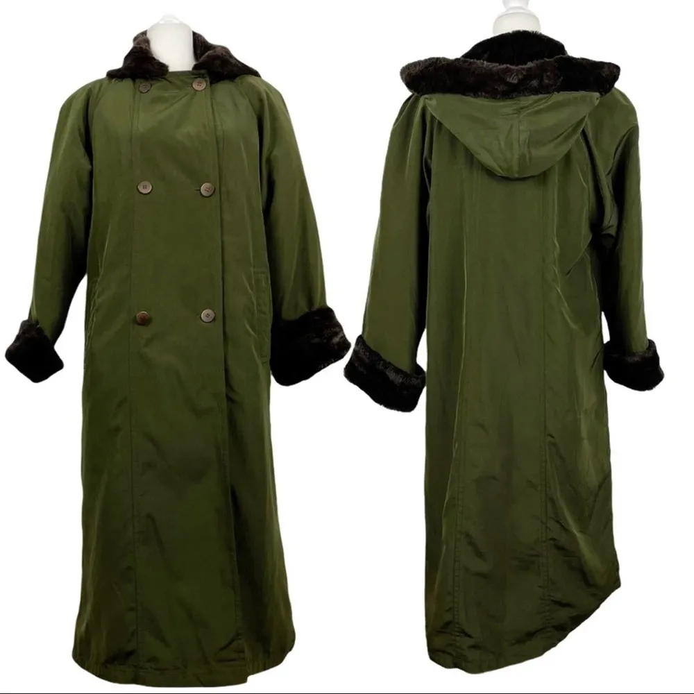 VTG Larry Levine Double Breasted Maxi Long Trench Coat Green Hooded faux Fur M - Image 14