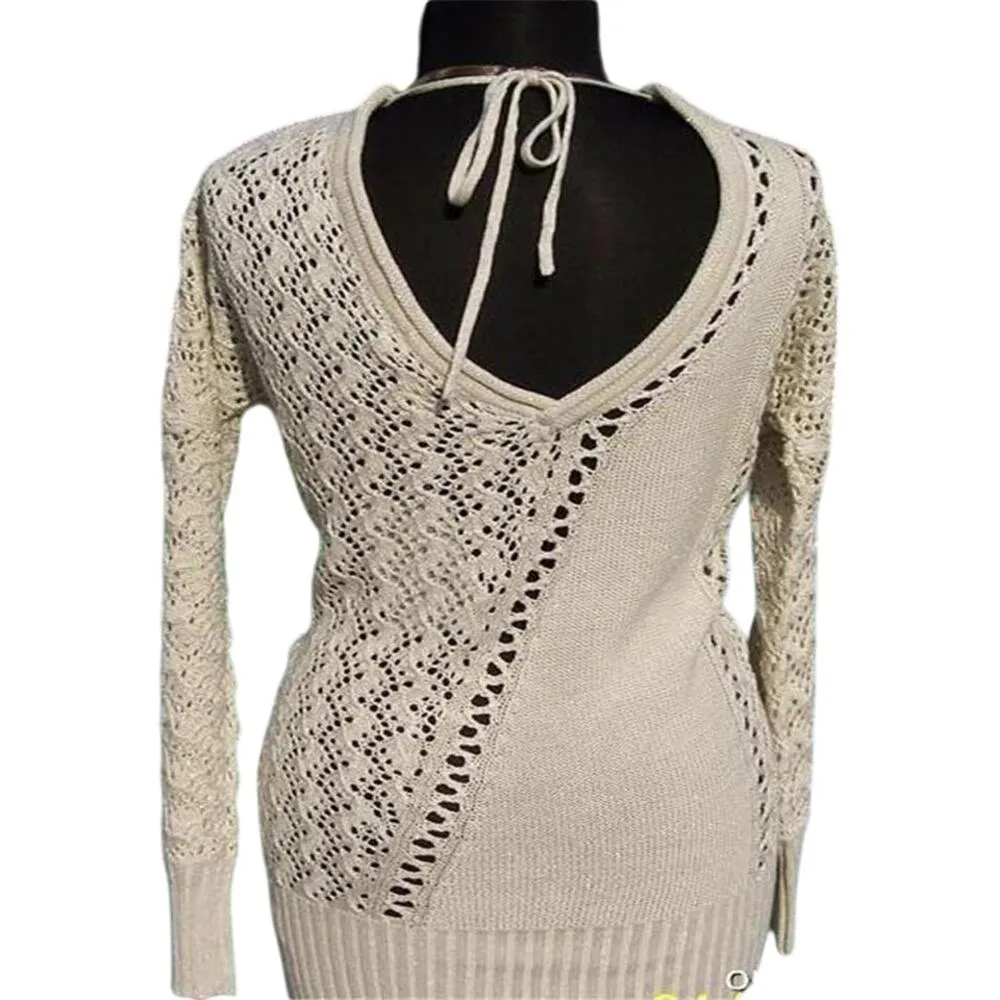 Cache Peek A Boo Metallic Kissed Knit Double V Tie Back Silk Blend Top NWT $118 - Image 9