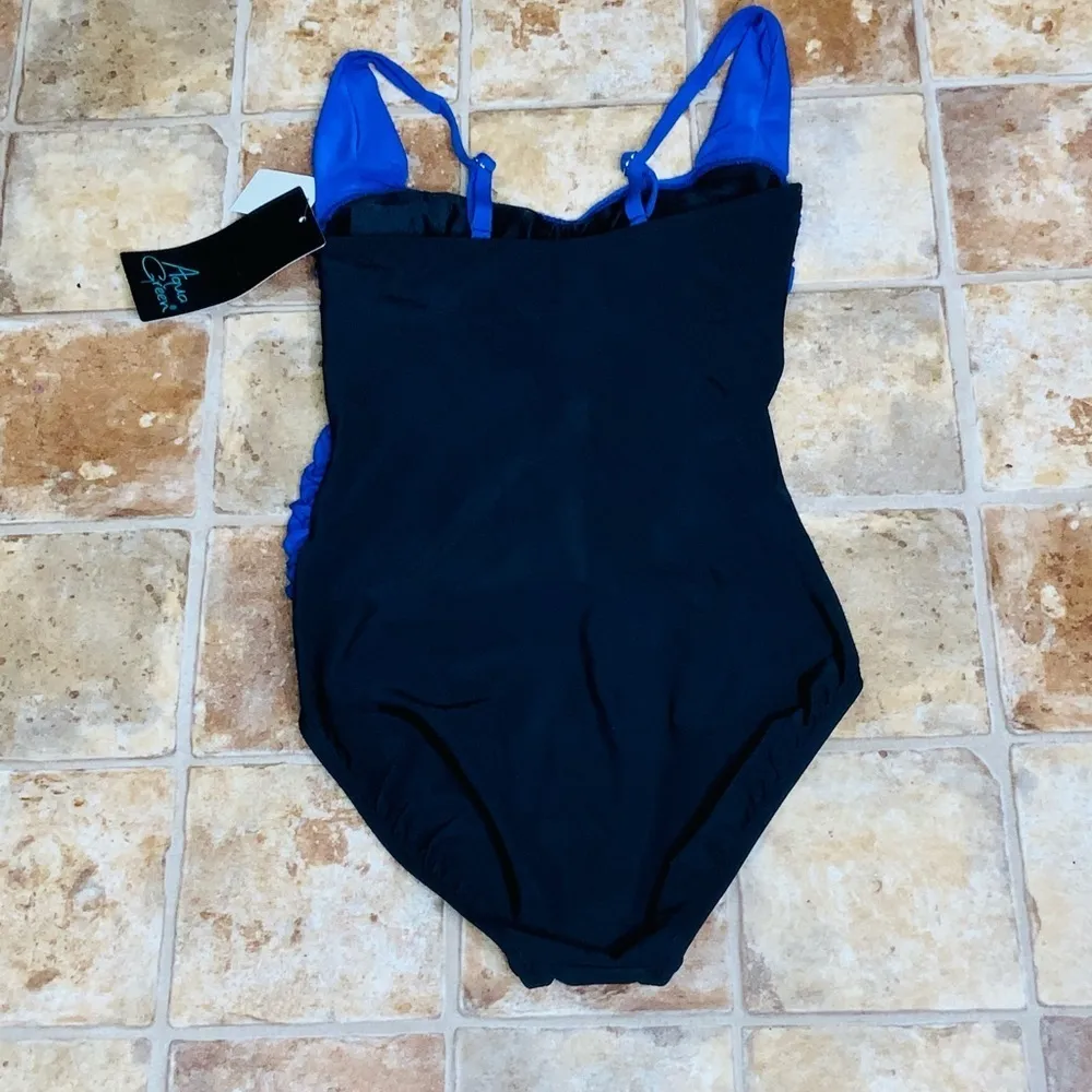 NWT Aqua Green Sapphire Blue & Black Runched One Piece Modest Swimsuit Small - Image 10