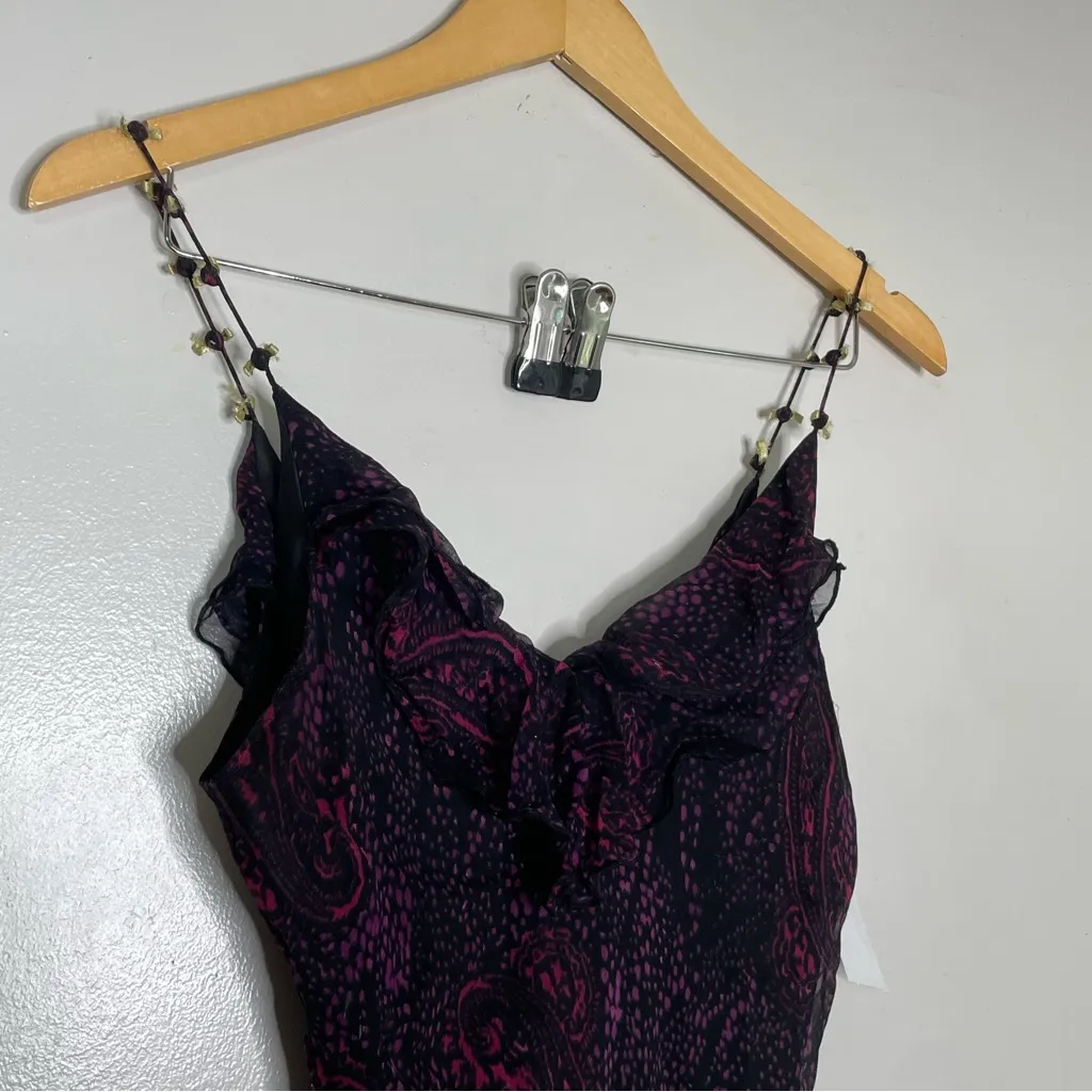 Vintage Y2K Fairy Midi Silk Dress Slip Boho Purple Paisley‎ Rosebud Straps 10 - Image 5