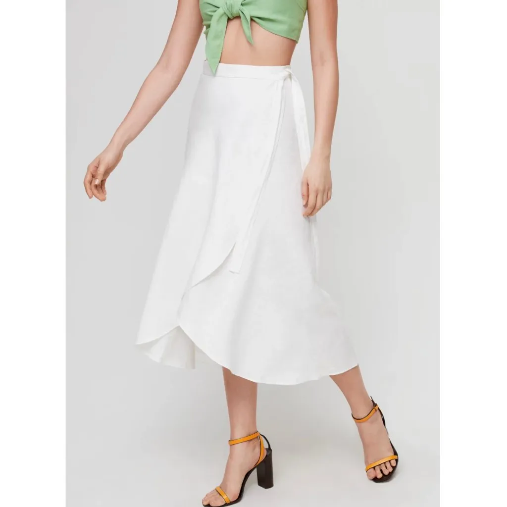 Aritzia Wilfred Eleta Linen True Wrap Skirt in White Tie Waist Midi Women's M - Image 7