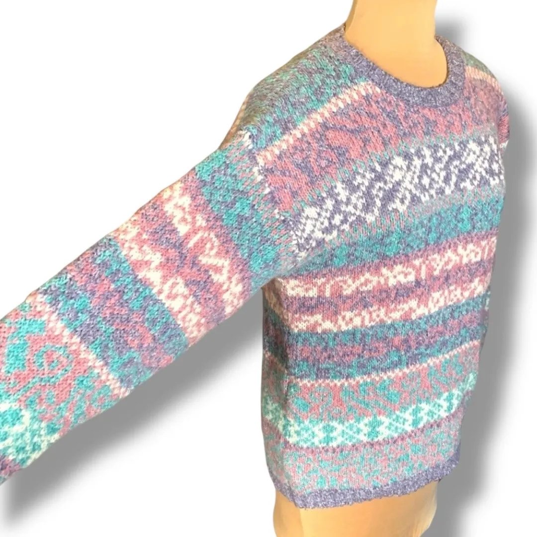 Vintage Carole Little St Tropez Wear Pastel Knit Sweater 90s Abstract Art Medium Pink - Image 3