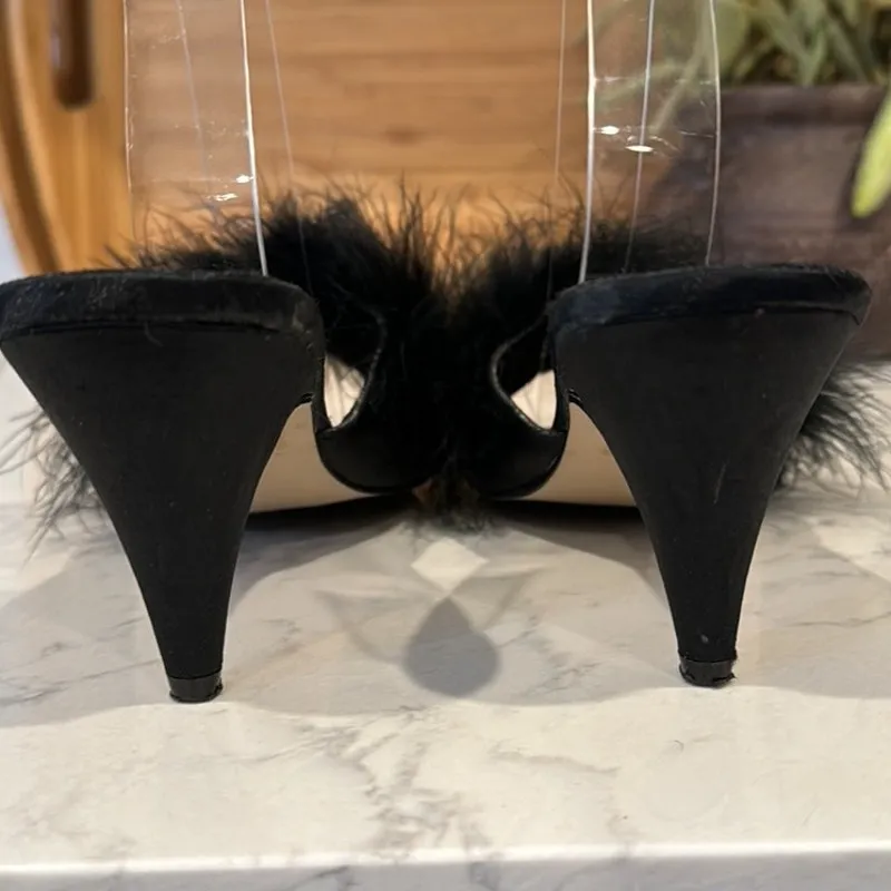 Fredrick’s of Hollywood 1980s Satin Peep Toe Pumps with Ostrich Feathers size 7 - Image 2