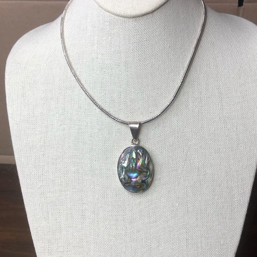 Vintage Oval Abalone Cabochon Pendant On Sterling Silver Snake Chain Necklace Purple - Image 11