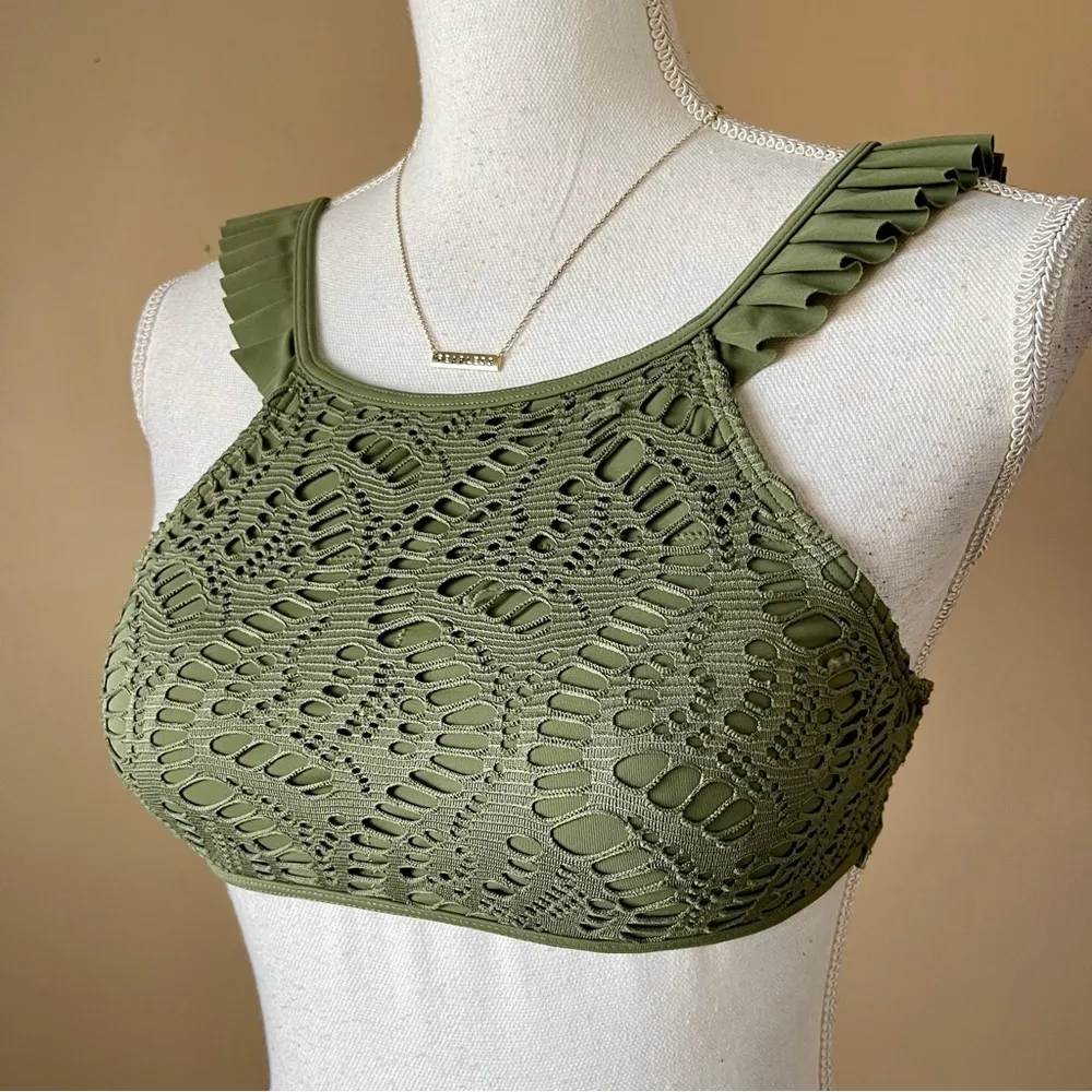 AERIE | Olive Green Lace & Ruffle Cropped Bikini Top Sz S - Image 3