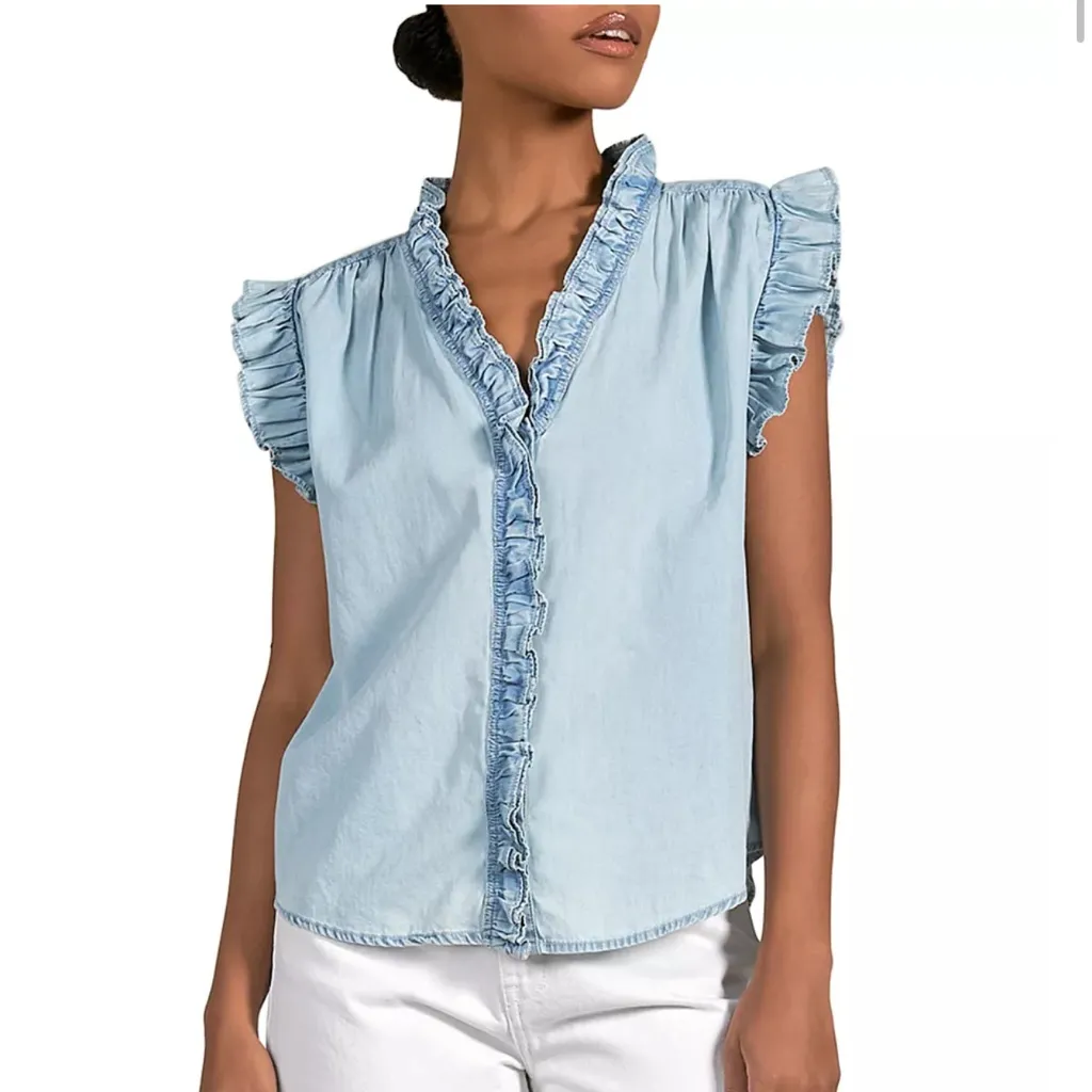 Elan Denim Ruffle Blouse in Soft Blue Size S - Image 8