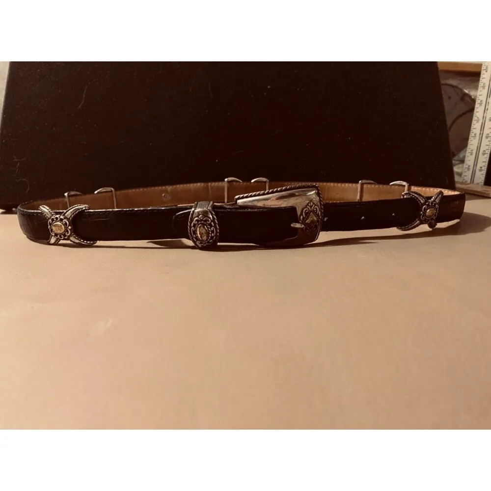 Leather Belt Size 30 Brighton Black Western Gold Silver Accents Buckle Conchos - Image 6