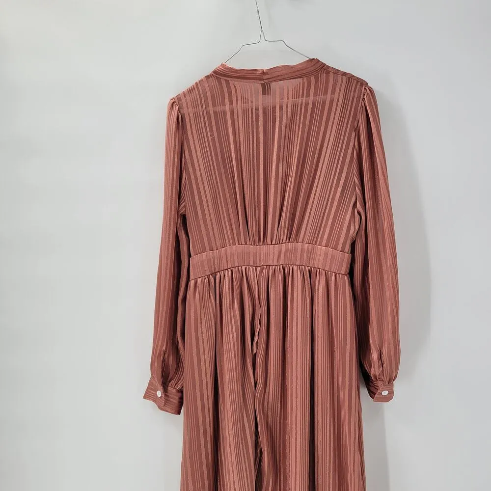 Shein Maxi Dress M Pink Sparkle Stripes Tie Neck Long Puff Sleeve Shirred Waist - Image 2