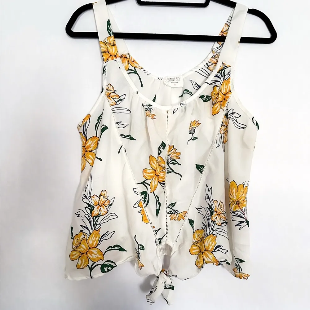 Floral Tie-Front Tank Sleeveless Blouse White Yellow Flowers Medium - Image 4