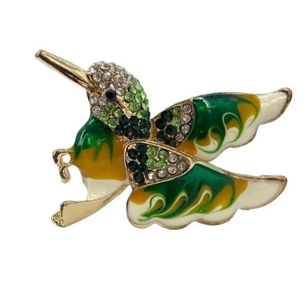 Vintage Hummingbird Brooch Green White Enamel Rhinestone Bird - Image 3