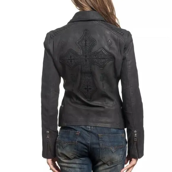 AFFLICTION Leather Jacket Women's Small NWT #99 Livestock Biker MMA Cross Zipper - Image 2