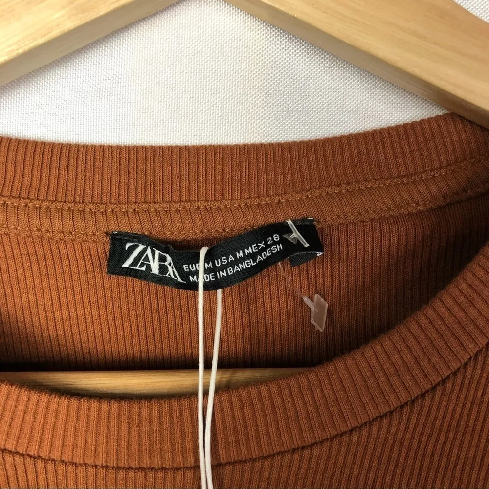 Zara Copper Brown Ribbed Side Tie Short Sleeve Mini Dress M - Image 5