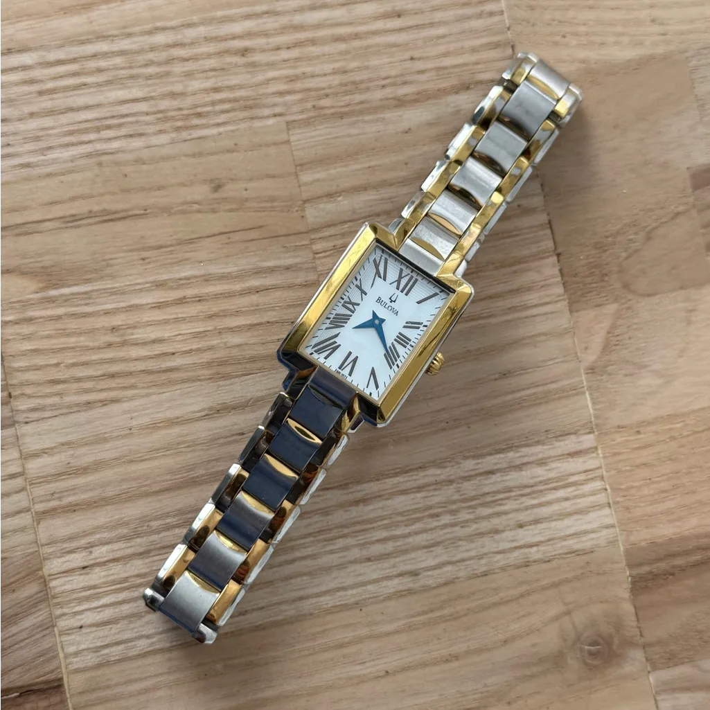 Bulova Curvex Luxury Watch Two-Tone Bracelet White Rectangular Dial Blue Hands - Image 5