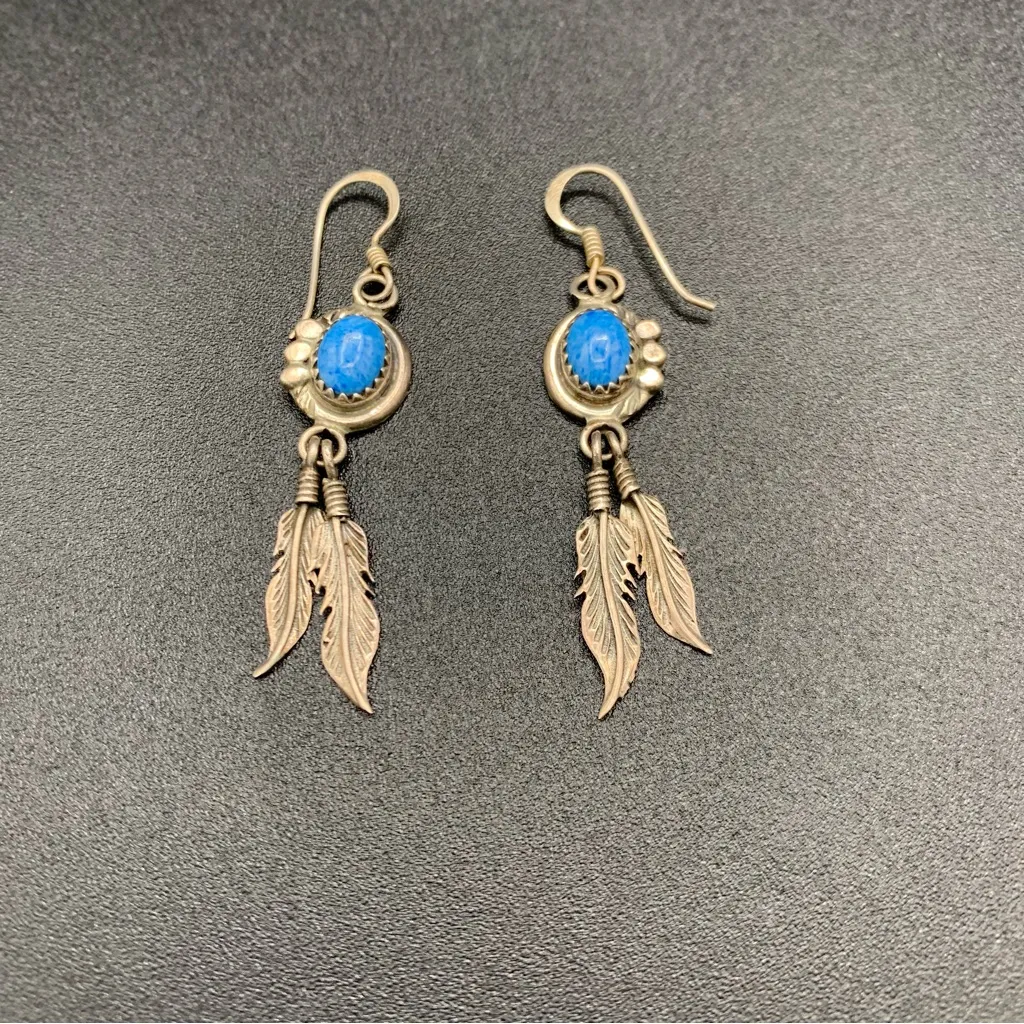 Denim Lapis Sterling Silver Feather Dangle Earrings Southwest Native Blue - Image 3