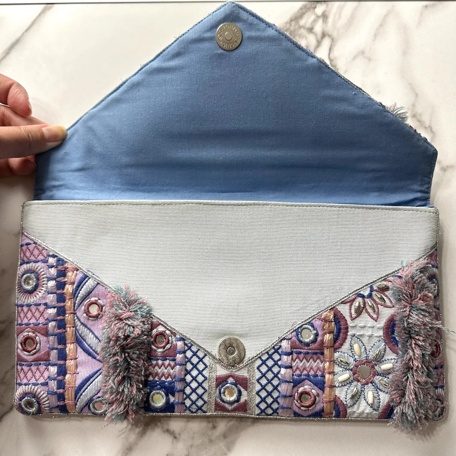 Chico's Boho Fringe Embroidered Purple Blue Multicolor Evening Party Clutch NWT - Image 11