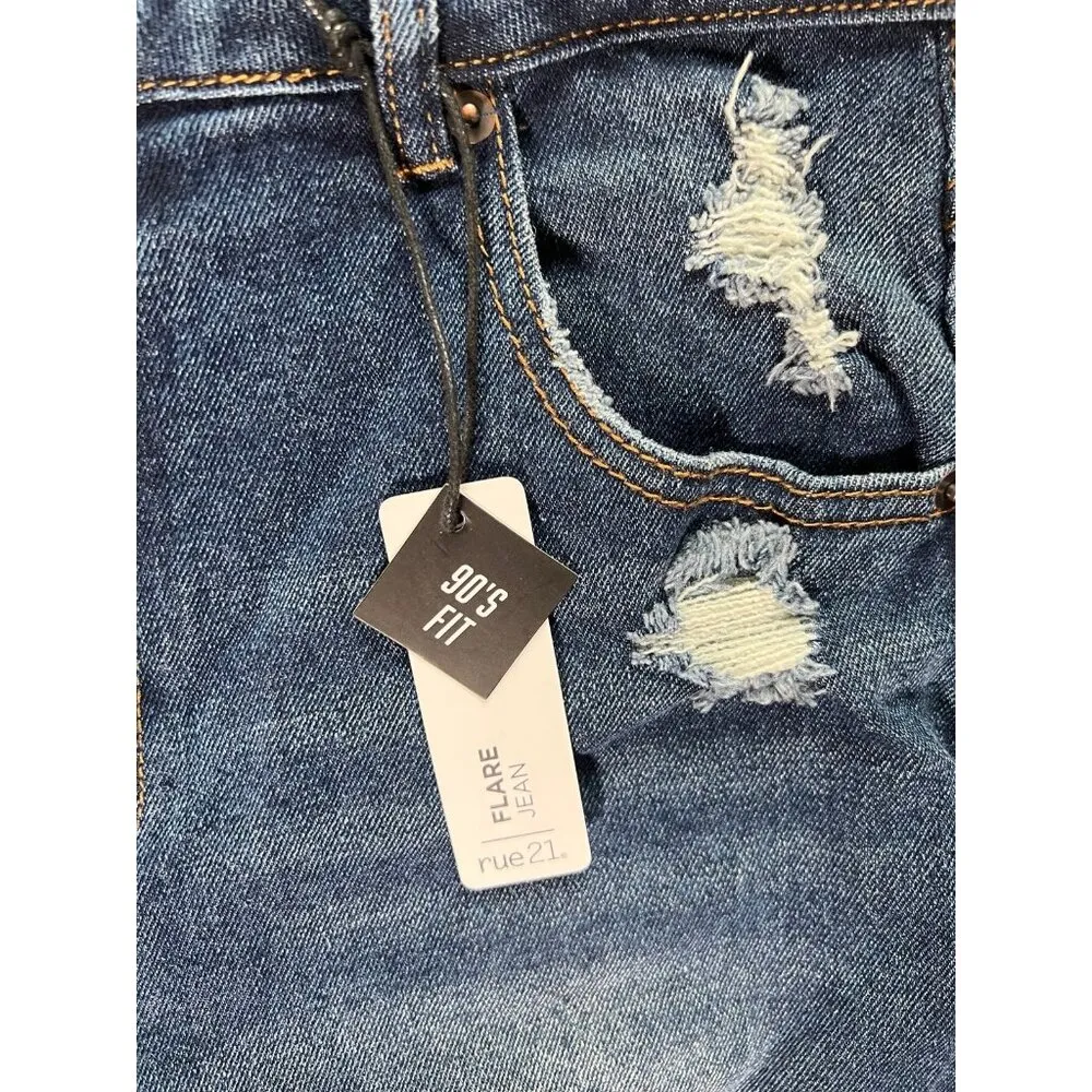 RUE21 Women’s High Rise Flare 90’s Fit Dark Denim Distressed Jeans sz 9 NEW - Image 2