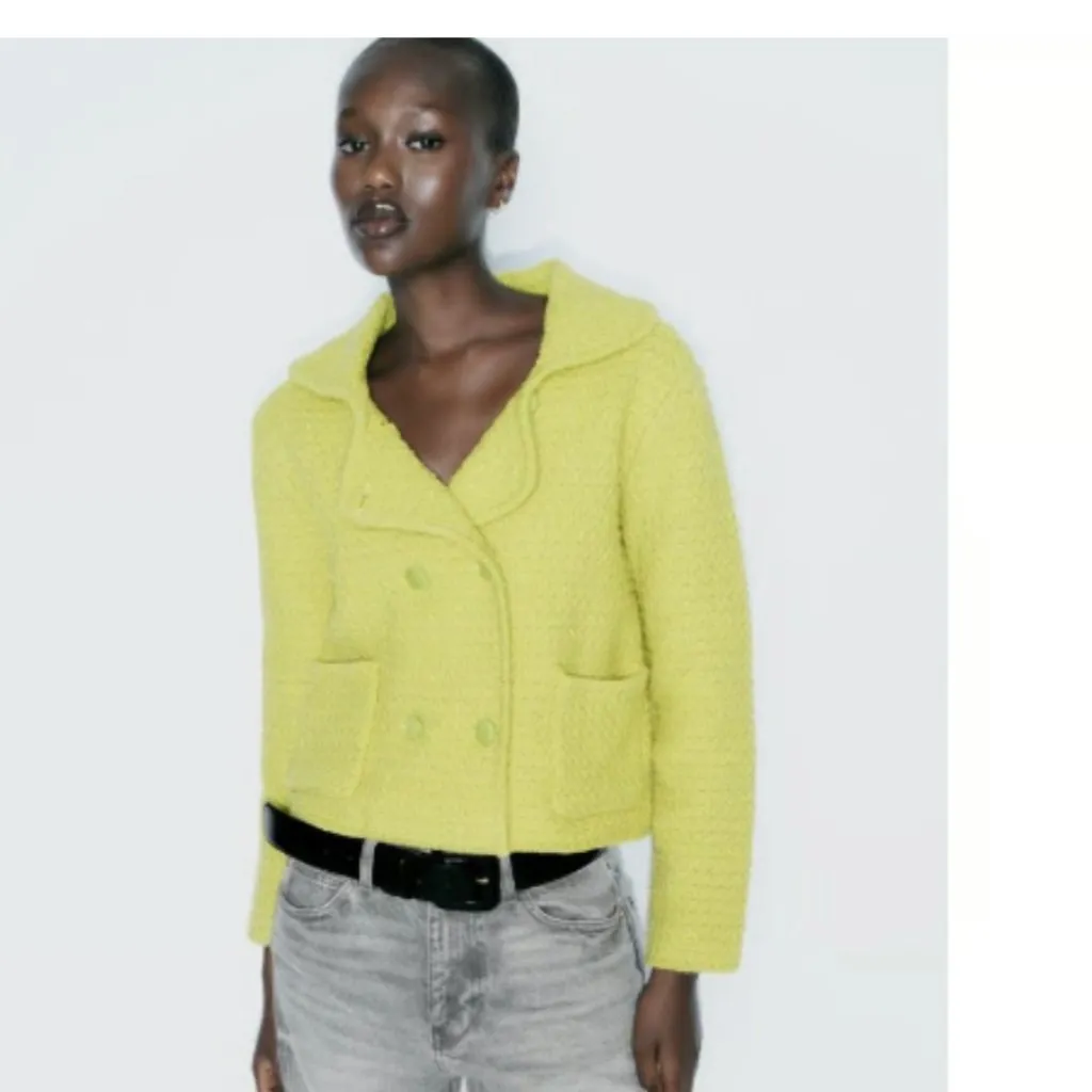 NWT ZARA Lime Green CHUNKY KNIT CARDIGAN WITH PETER PAN COLLAR - Image 2
